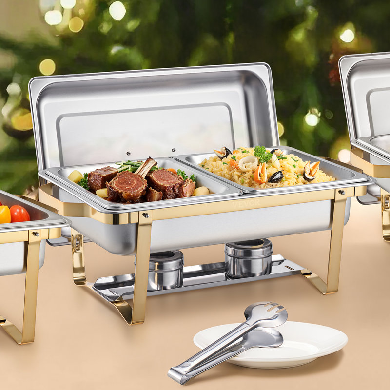 8 Qt Rectangle Chafing Dish Buffet Set Full-Size & Half-Size Pans, Gold