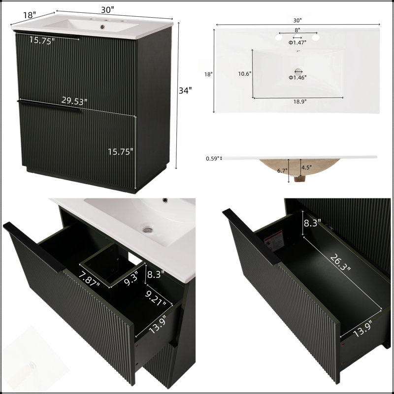 Meuble-lavabo cannelé de 30 pouces avec évier en céramique et tiroirs à fermeture en douceur à extension complète, pour les espaces modernes et traditionnels