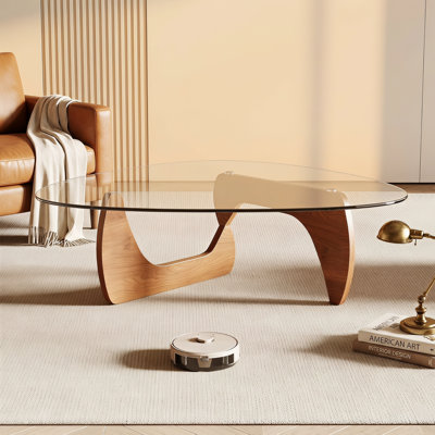 Table basse moderne, 42,5 x 28,5 x 16,1 pouces, plateau de table triangulaire en verre trempé pour le salon, ton bois naturel