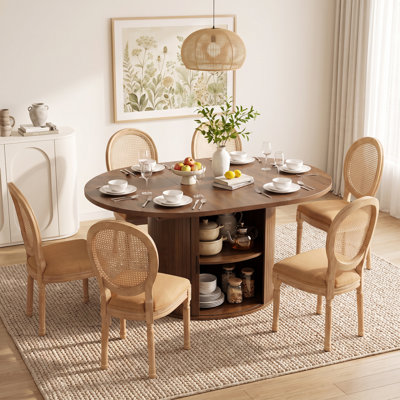 7-Piece Farmhouse Dining Set with Extendable Pedestal Table, Open Shelving, and Rattan-Back Upholstered Chairs