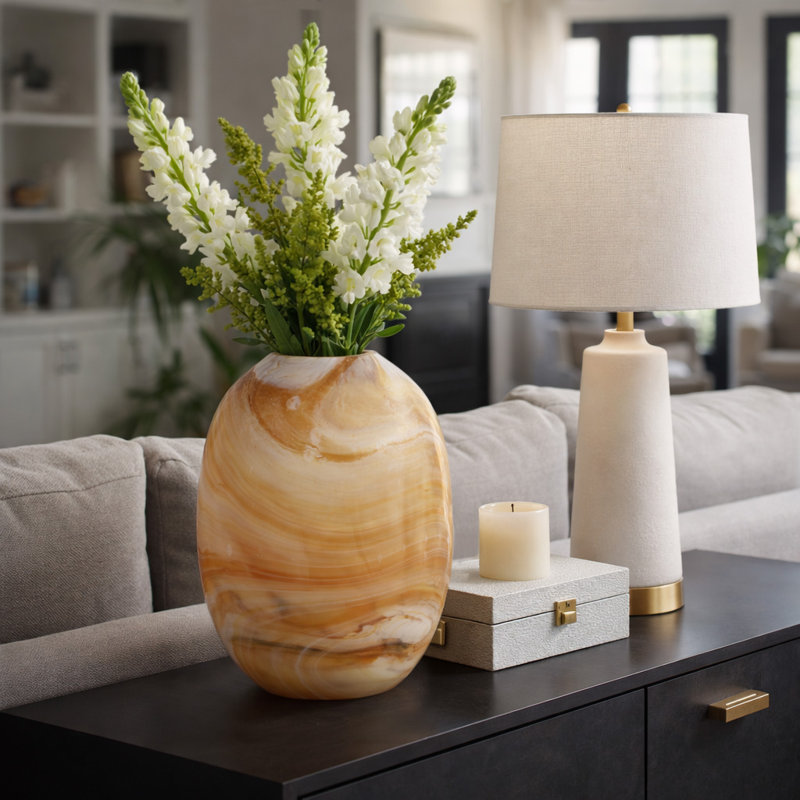 Decorative Sculpted Glass Vase with Swirl Design for Home Decor - Sleek Tall Table Vase Accent for Living Room Styling & Flowers Arrangement - Brown