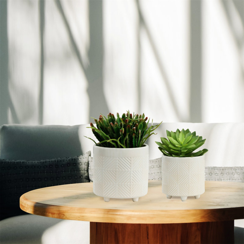S/2 6/8" Textured Planters, White