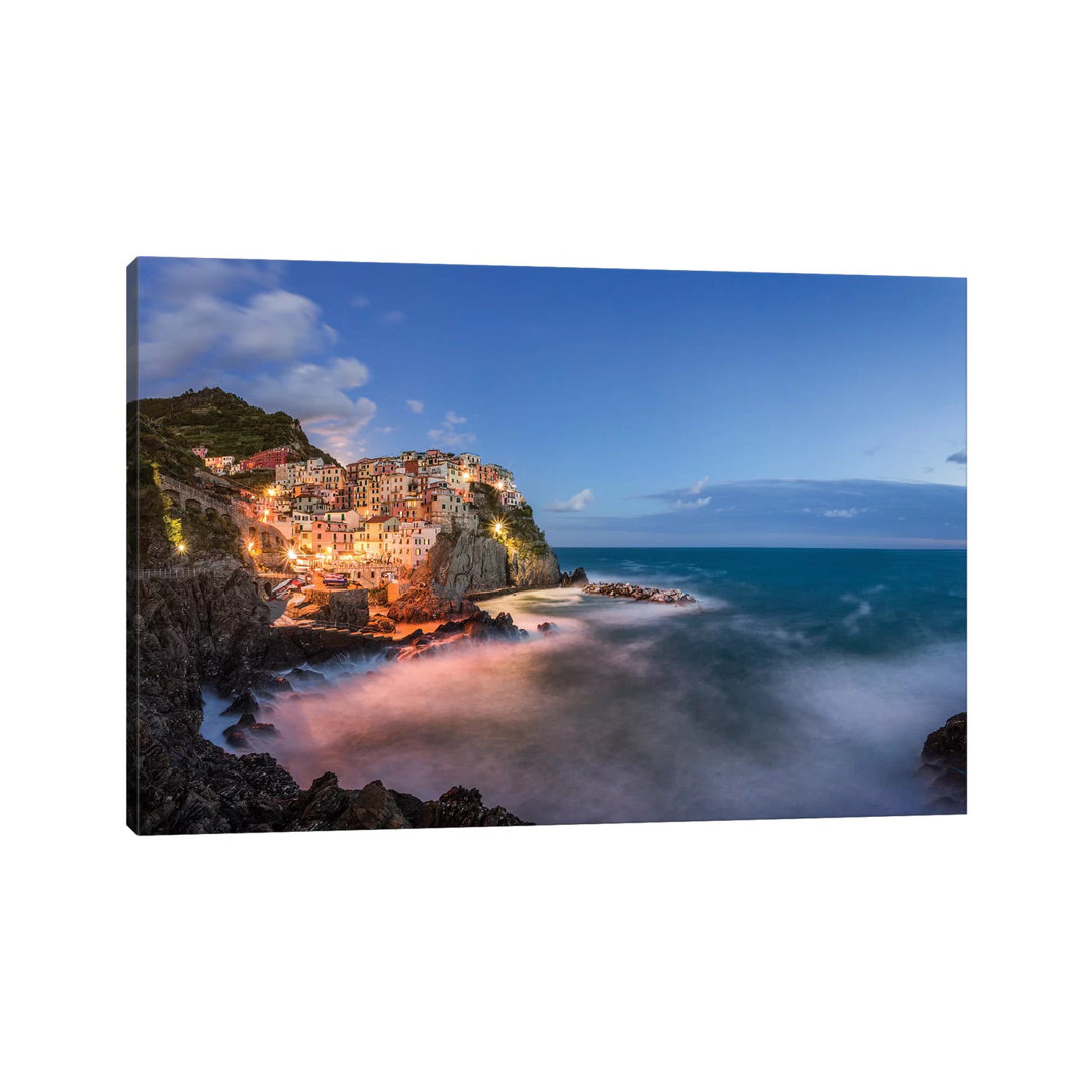 Italy, Manarola. Coastal Village And Sea At Sunset.