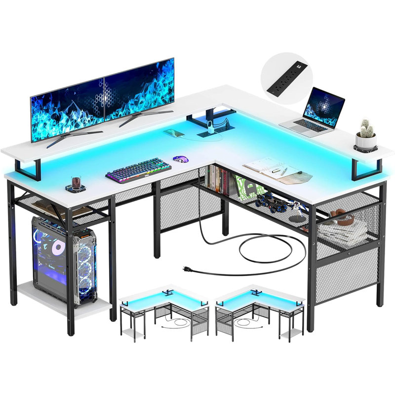 Aranson 55'' L shaped Computer Desk with Shelves, Writing Desk with Full Monitor Stand, Corner Desk with LED Lights, Gaming Desk