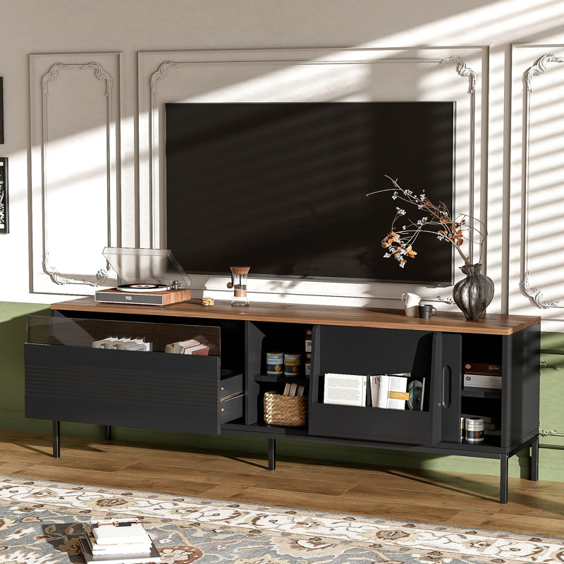 Modern TV Stand For Tvs Up To 75 Inches, Entertainment Center With Storage Space, Sliding Doors, Adjustable Shelves And Metal Frame, Mid Century Modern Media TV Console Table