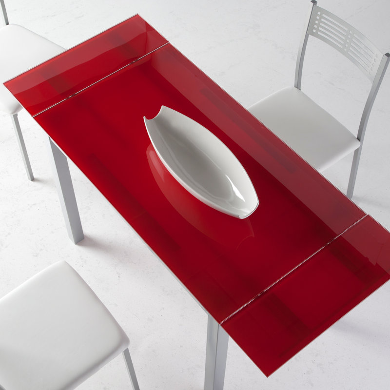 Grafals 135 cm Extendable Rectangular Glass Top Dining Table with Stainless Steel Base, Red