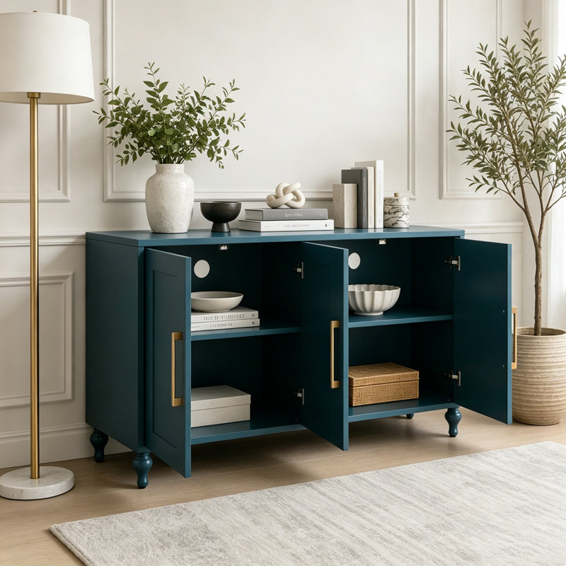 Grande armoire de rangement de 63 pouces avec portes à fleurs sculptées et poignée en métal, Navy Blue