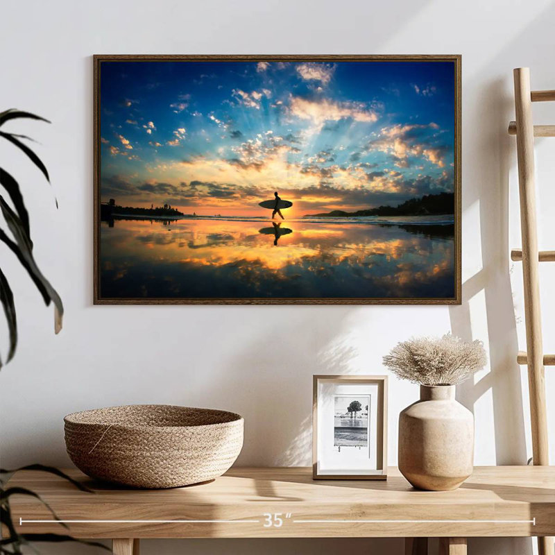 Sunset Surfer Reflection, 25" X 17", Floating Frame Walnut