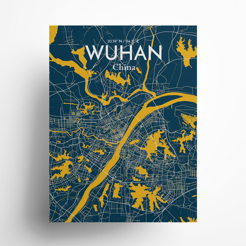 Carte de la ville de Whan, impression, Bleu / jaune, H 24 po x l 18 po