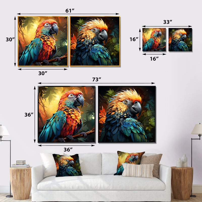 «Orange and Blue Jungle Parrot Paradise I», ensemble de 2 reproductions d'art mural, Cadre flottant blanc