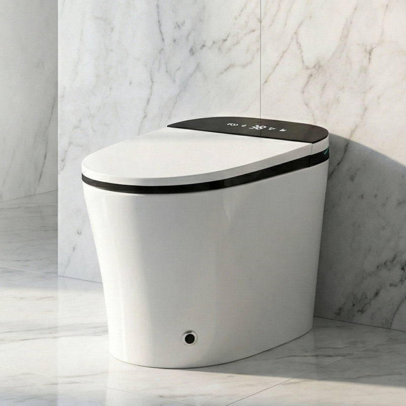 Fully Automatic Induction Smart Toilet Seat, Auto Open/Close Lid, Foot Sensor Flush, Warm Air Dryer, 4-Level Heated Seat, LED Display, Night Light, Multi-Mode Cleaning, White+Black