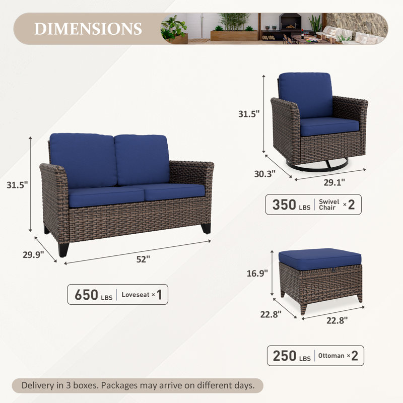 Ensemble de conversation 5 pièces avec siège pivotant et canapé en rotin multicolore avec coussins