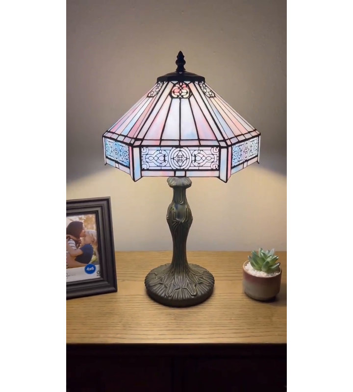 Sky Blue Hexagon Stained Glass Table Lamp with Bronze Base