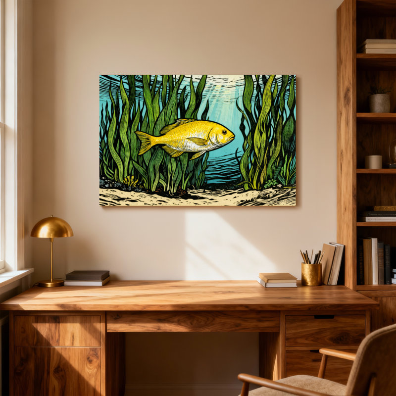Animals Underwater Scene With Yellow Fish And Seaweed, 20" H x 30" W
