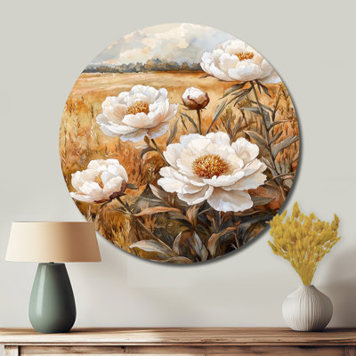 Pivoines le long du champ de campagne II - pivoines rondes, décoration murale en métal