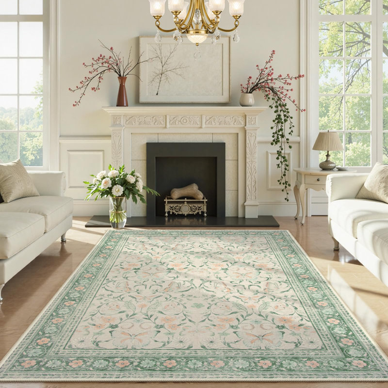 Kaldi Washable Area Rug for Bedroom Floral Ultra-Thin Non-Slip Pastel Bedroom Nursery Playroom Carpet, Rectangle 5' x 7'
