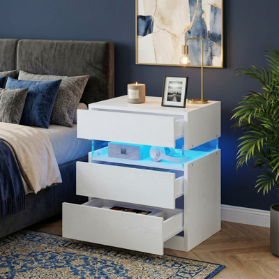 Table de chevet moderne à 3 tiroirs l 20 po x H 24 po avec lumières à DEL, table de chevet en bois avec rangement ouvert, table de bout pour chambre à coucher et salon