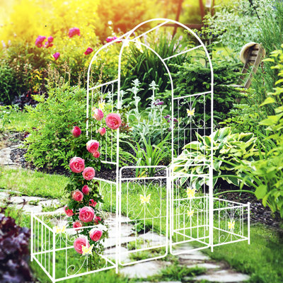 Cream White Metal Garden Arch With Gate, 79.5" Wide X 86.6" High, Outdoor Grace 79.5"X86.6" White, Enhances Gracefulness