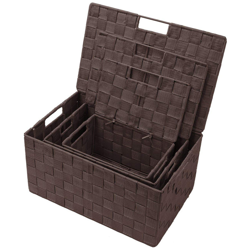 Sorbus Stackable Woven Basket with Lid and Handles 3 Pack, Chocolate