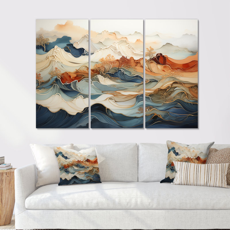Abstrait orange et bleu, rivière bleue, encre III, ensemble d'art sur toile marbrée, H 28 po x l 36 po x P 1 po, Toile tendue
