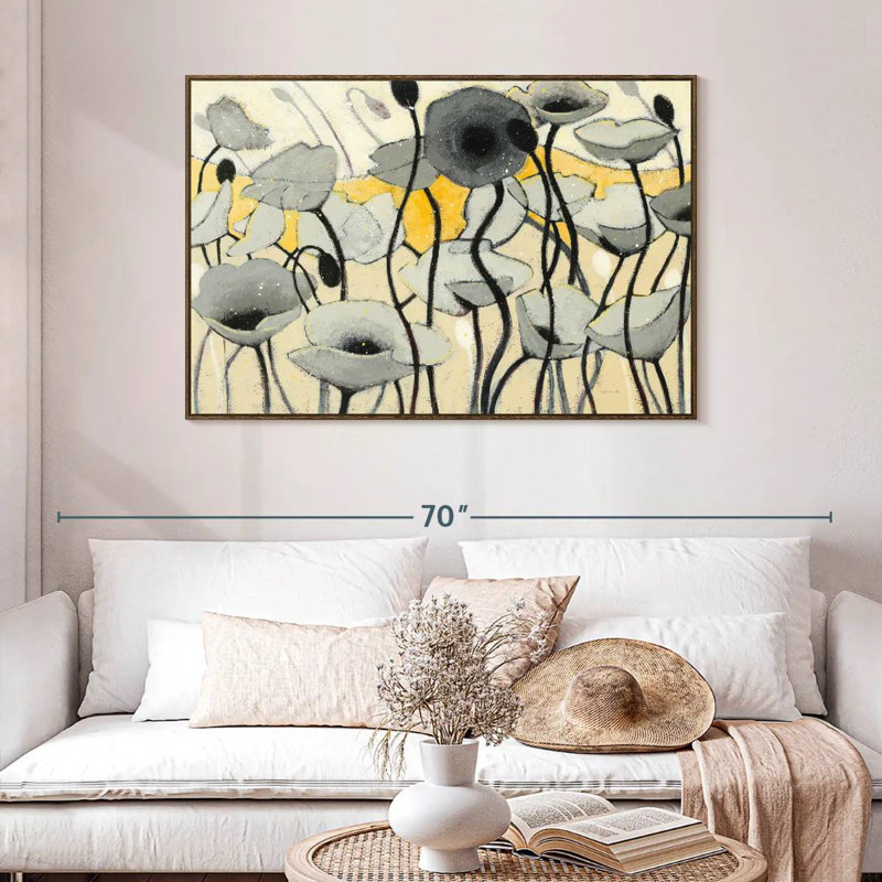 Fleur de jour de neige gris, 46 po x 31 po, Cadre flottant en noyer