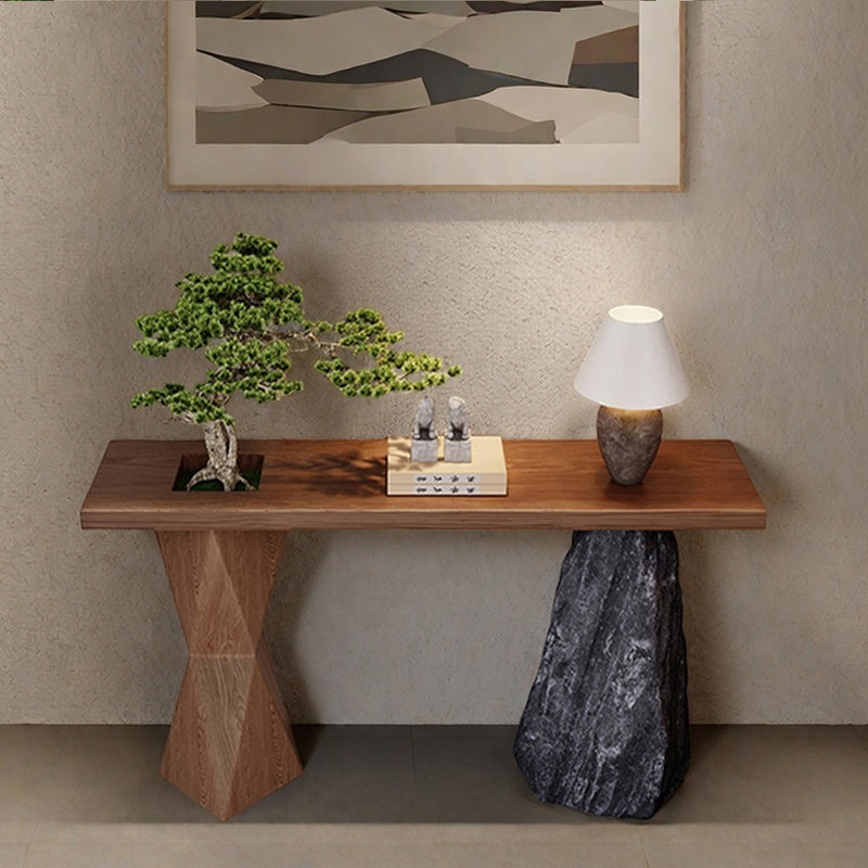 Mid-Century Modern Walnut Wood Entryway Table, 31.5" H x 53.1" W x 13.8" D