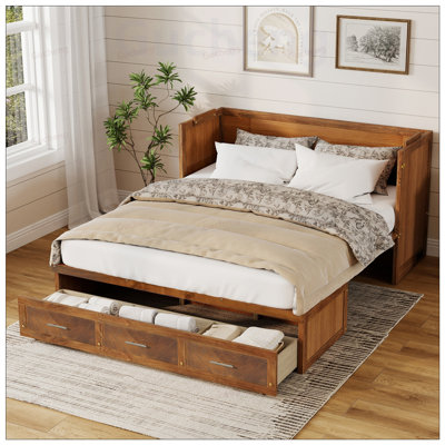 Murphy Bed, Pine Wood Cabinet Bed with Built-in USB Charging Station and Geometrical Decoration Panel
