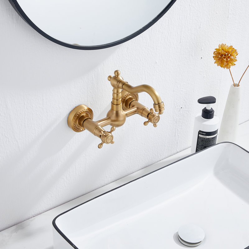 Wall Mounted Kitchen & Bathroom Sink Faucet With Double Cross Handle, Antique Brass
