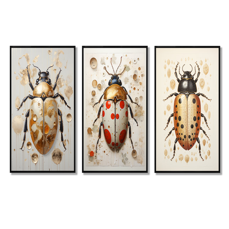 Ensemble de 3 reproductions d'art or et insectes et insectes, Cadre flottant noir, H 32 po x l 48 po