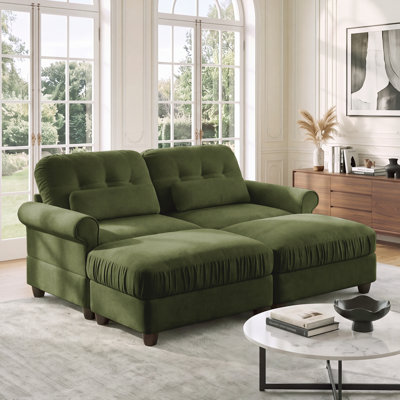 Canapé d'angle modulaire en chenille, coussin d'assise à bord froncé, accoudoirs arrondis et coussins de soutien lombaire