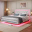Lit plateforme flottant en similicuir blanc, taille standard, avec tête de lit capitonnée en losanges et éclairage LED. Sommier non requis, conception silencieuse, montage facile.-1289493094-1289493095