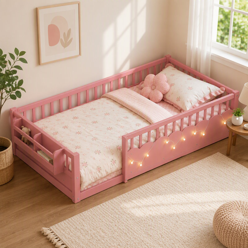 Lit simple pour enfants Montessori, structure de lit basse en bois avec garde-corps de sécurité, guirlande lumineuse et bibliothèque intégrées, aucun sommier requis, facile à assembler, aucun sommier requis