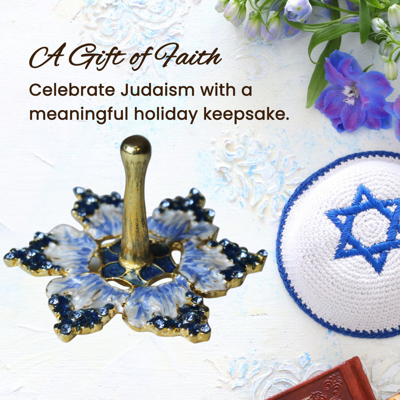 Ensemble de célébration Hanoukka - Menorah tulipe bleue et ivoire peinte à la main, 2 dreidels tournants, accents dorés, cristaux, cadeau et décoration par Matashi