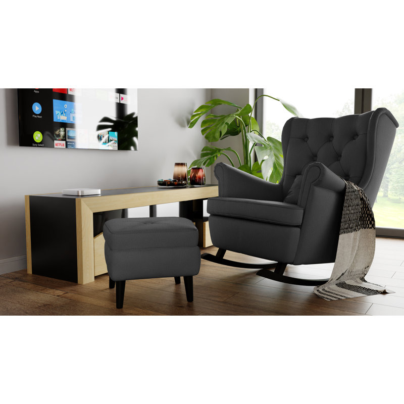 Lutherville Velvet Wingback Chair with Footstool, Fargotex Zoya 10 DK Gray