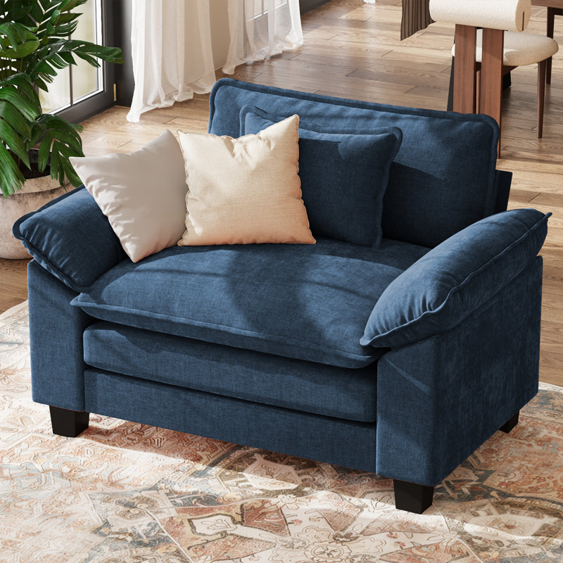 49.5'' W Oversized Chenille Accent Chair, Comfy Single Sofa Chair, Upholstered Reading Armchair With Accent Pillow & Removable Cushions-Blue
