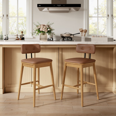 Tabourets de bar en bois massif, tabourets de cuisine en similicuir avec dossier, repose-pieds et patins antidérapants (ensemble de 2)