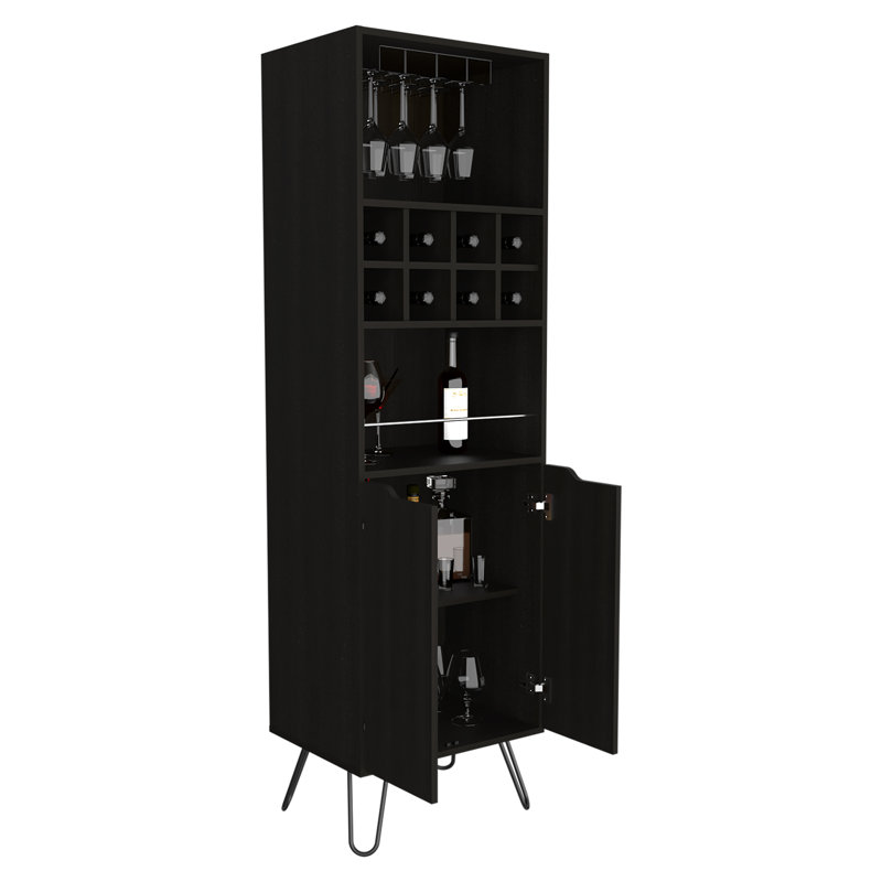 Zamna H Bar Double Door Cabinet, Eight Built-in Wine Rack, Four Legs, Twelve Shelves, Living Room