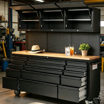 72 Inch Heavy-Duty Garage Workbench with 15 Drawers & 3 Cabinets, Steel Frame Workshop Table for Mechanics,Warehouse Repair Shop,Assembled Garage Organization, Large Tool Bench Storage with Pegboard.