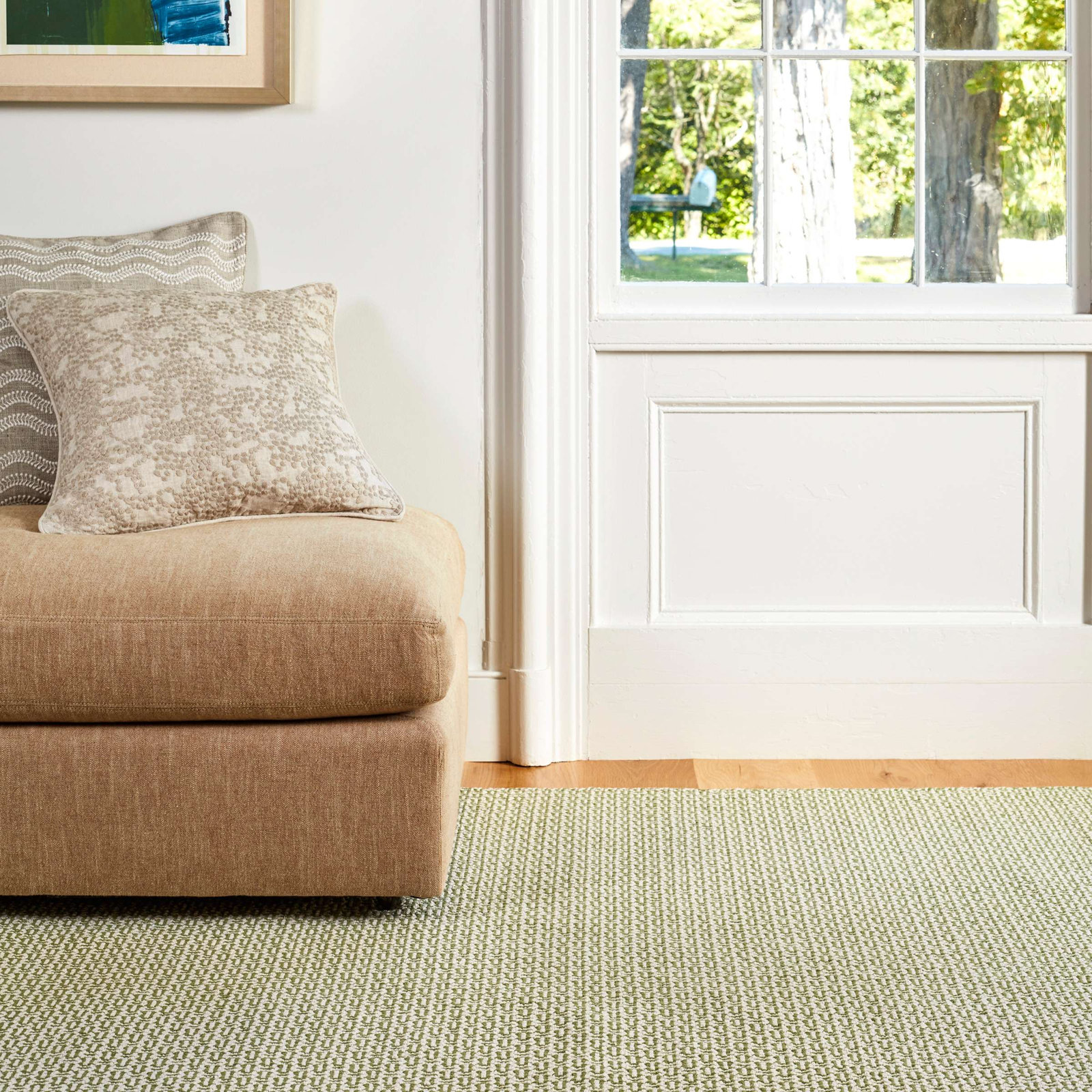 Miss Muffet Hand-Woven Geometric Cotton Rug, Rectangle 5' x 8', Olive/White