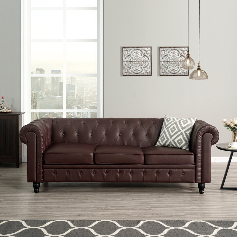 Bendjy Classic Leather Chesterfield Sofa – Button Tufted Couch with Arms for Living Room or Office, Espresso Air Leather
