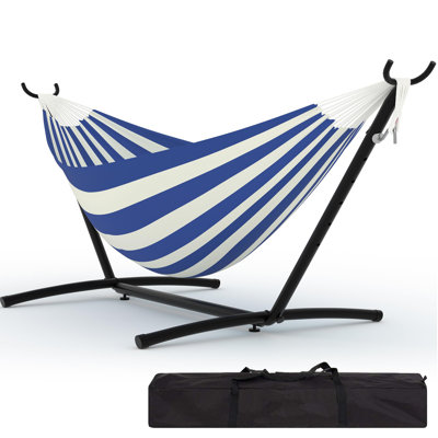 Heavy-Duty Double Hammock with Space-Saving Steel Stand – 2 Person, 450 lbs Capacity, Portable for Outdoor & Indoor, Comfortable Cotton, Easy Assembly, Includes Carry Bag – Blue and White Stripes
