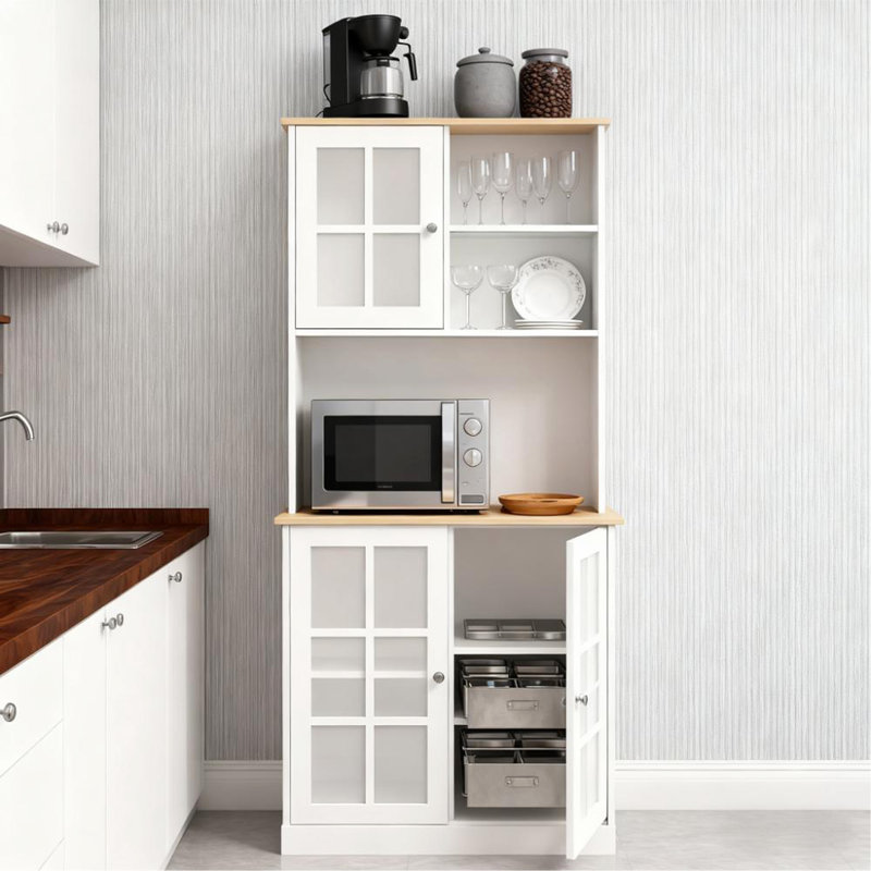 Grande armoire de cuisine de comptoir, armoire de rangement autoportante avec huche, portes en verre et tablettes réglables