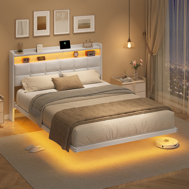 Floating Bed Frame 135×190CM /150×200CM with LED Lights & Charging Station, Metal Platform Bed frame with Upholstered Headboard, Easy Assembly,Noise Free,No Box Spring Needed,Linen