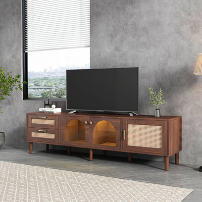 TV Stand with 3 Cabinets & 2 Drawers, Rattan-inspired Media Console Table for TVs up to 80
