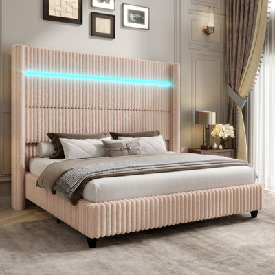 
Gerasim Queen Beige 60" Tall Faux-Fur Wingback Bed with LED Lights and USB Charging