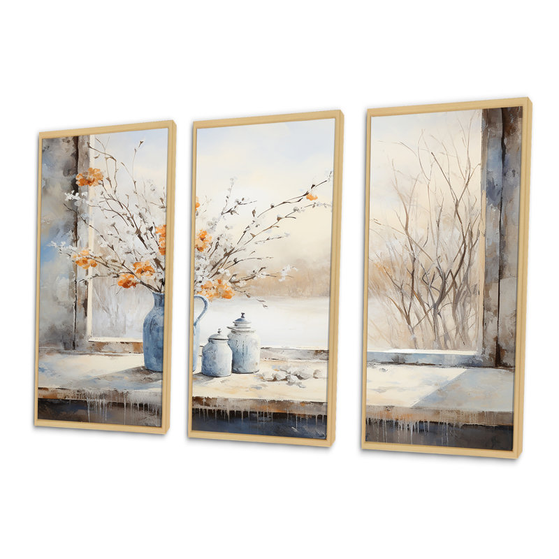 «Cottage In Winter Window Charm I», art mural fenêtres de ferme, H 40 po x l 61 po x P 1 po, Cadre flottant brun