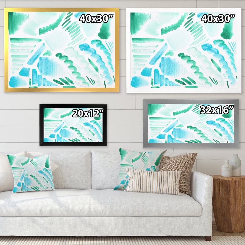 Éléments graphiques rétro en bleu et vert I - peinture sur toile, Cadre photo blanc, H 24 po x l 32 po