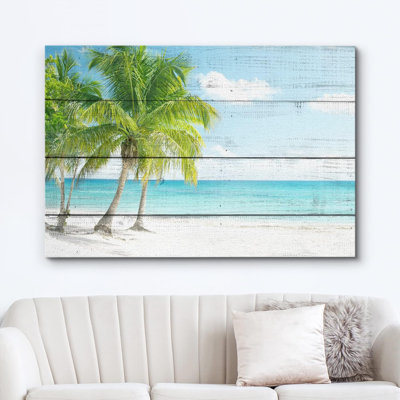Palmier tropical, océan, paradis, effet de bois, panneaux, art moderne, rustique