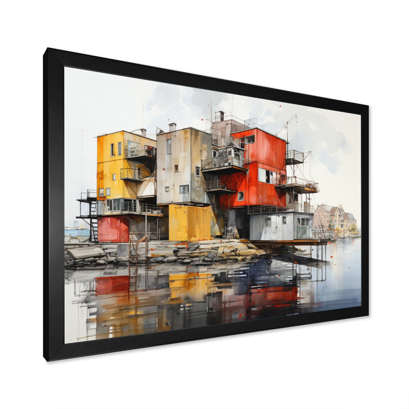 Port Urban Waterfront sur toile, H 24 po x l 32 po x P 1 po, Cadre photo noir