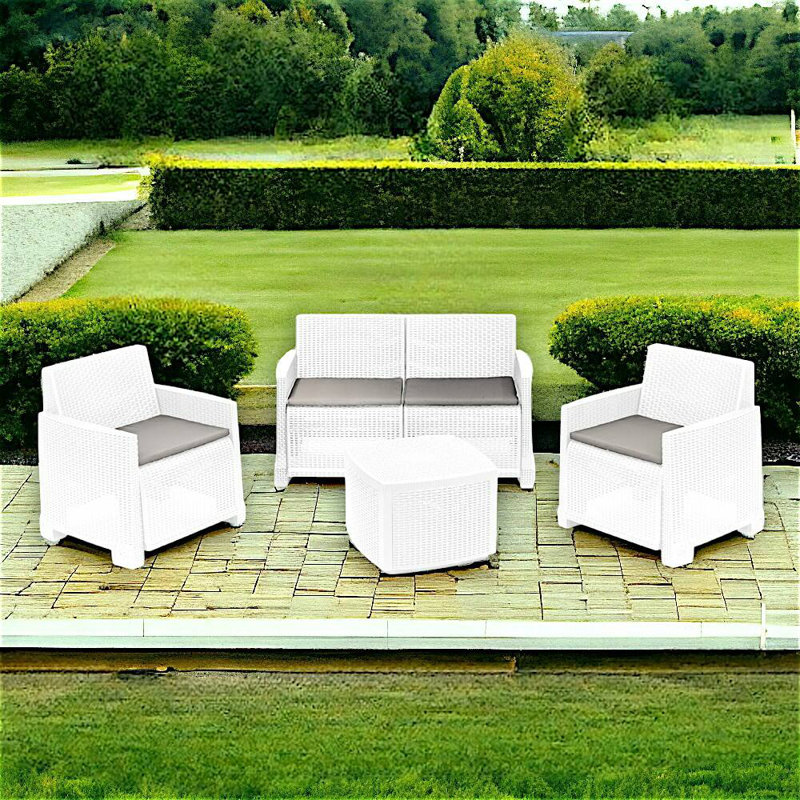 Outdoor lounge set Dbalestrer, Garden composition with 2 armchairs, 1 sofa and 1 table, White